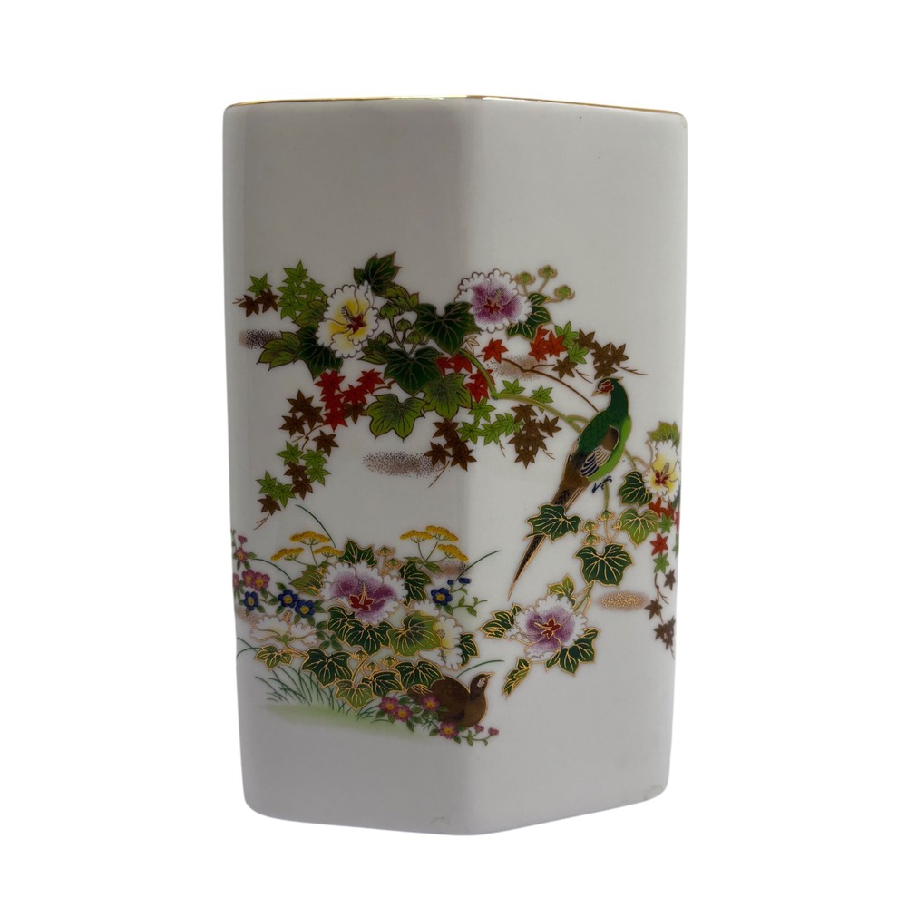 Vintage Japanese Porcelain Vase Bird and Floral Gilt Trim Hexagon Diamond Shape